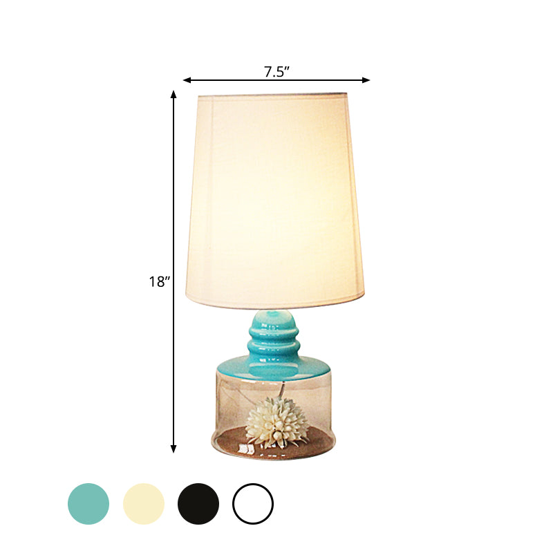 Barrel Restaurant Table Lighting Pastoral Fabric 1-Head Clear/Blue/Black Desk Light with Dried Flower and Glass Base