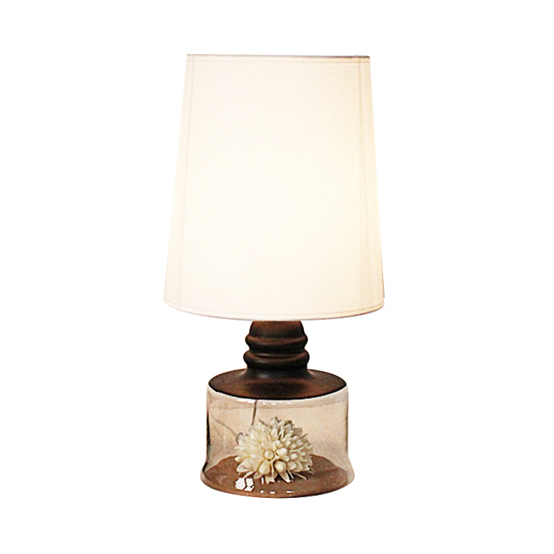 Barrel Restaurant Table Lighting Pastoral Fabric 1-Head Clear/Blue/Black Desk Light with Dried Flower and Glass Base