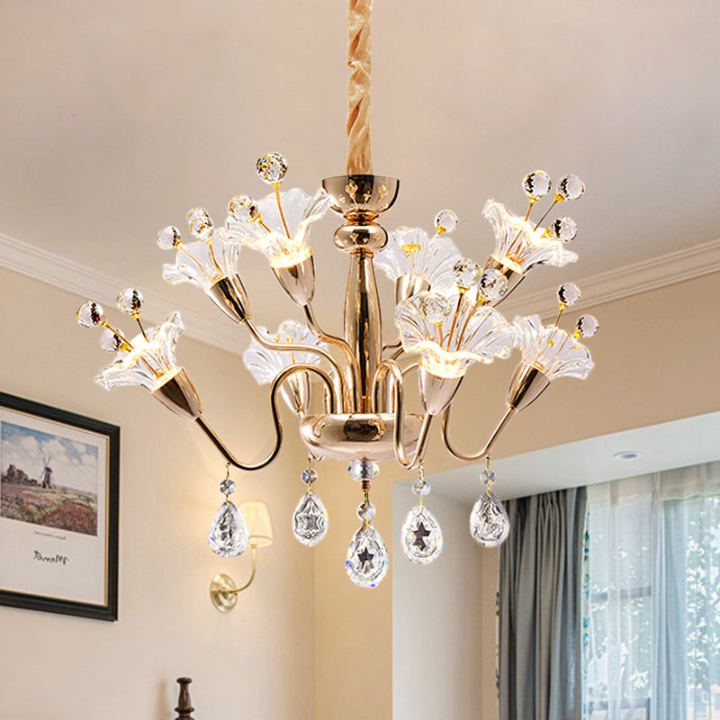 Clear Crystal Blossom Ceiling Light Modern 8-Head Gold Chandelier Lighting Fixture with Curvy Arms