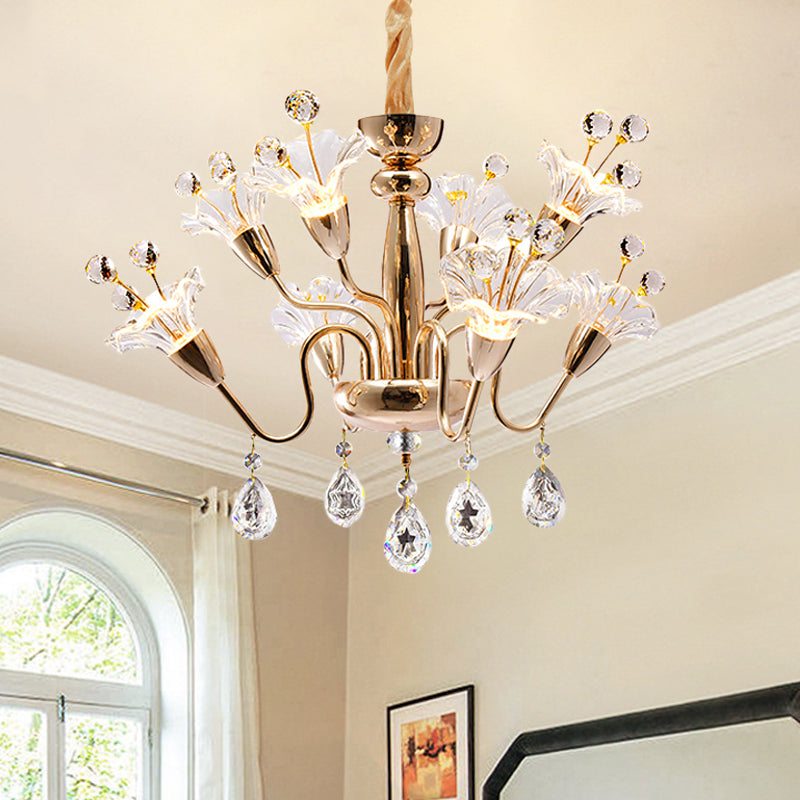 Clear Crystal Blossom Ceiling Light Modern 8-Head Gold Chandelier Lighting Fixture with Curvy Arms