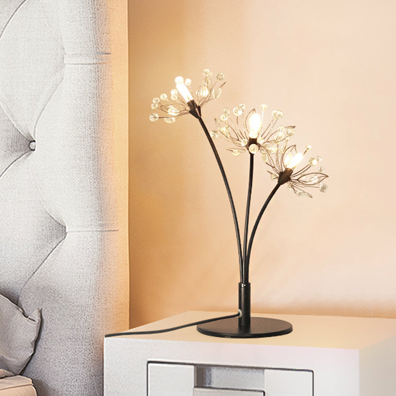 Contemporary 3 Heads Desk Lamp with Hand-Cut Crystal Shade Black Blossom Nightstand Light