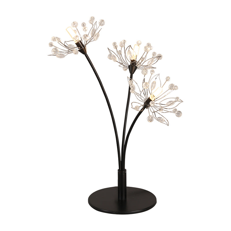 Contemporary 3 Heads Desk Lamp with Hand-Cut Crystal Shade Black Blossom Nightstand Light