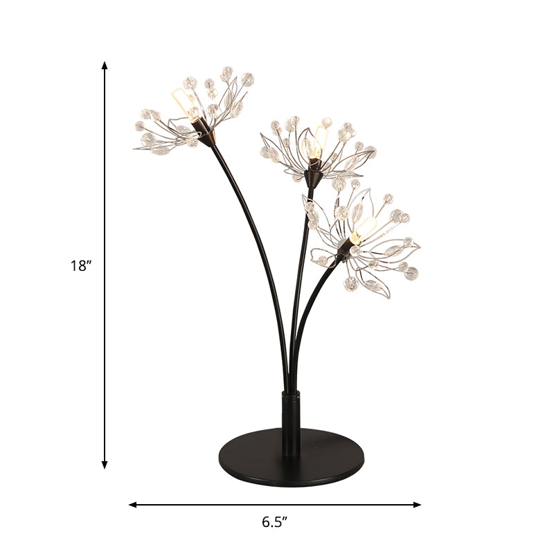 Contemporary 3 Heads Desk Lamp with Hand-Cut Crystal Shade Black Blossom Nightstand Light