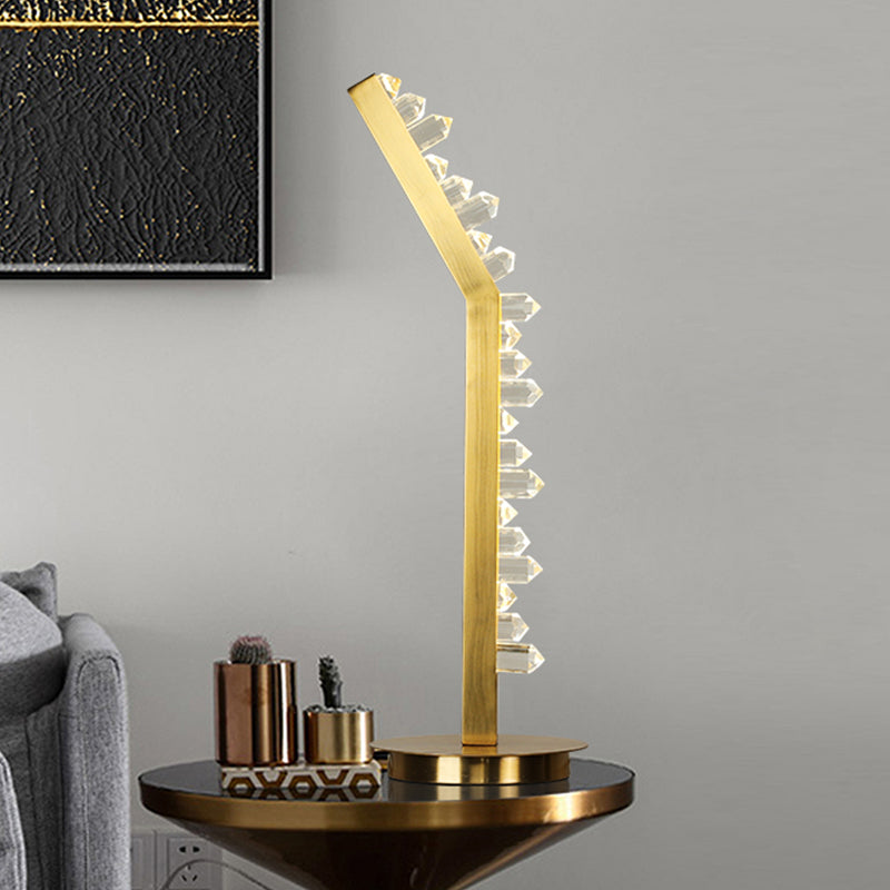 1 Bulb Study Room Crystal Table Light Modern Gold Nightstand Lamp with Bent Bar-Shape Metal Shade in Warm/White Light