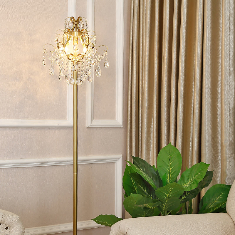 Gold Cascading Shape Floor Light Contemporary Faceted Crystal 1-Head Standing Lamp for Parlor