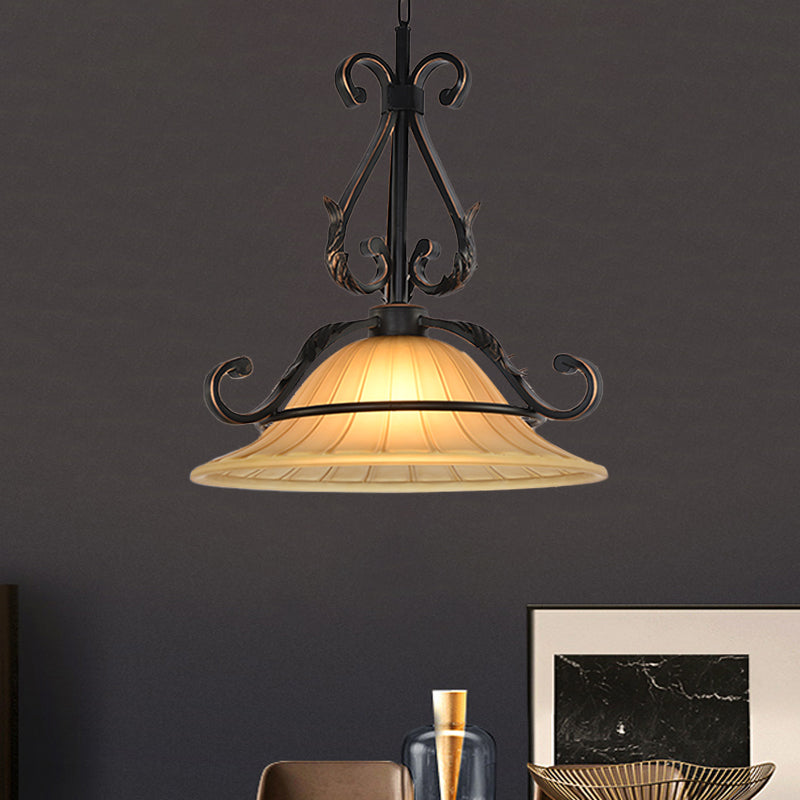 Rural Style Bell Pendulum Light Ribbed Glass LED Suspension Lighting in Bronze for Bedroom