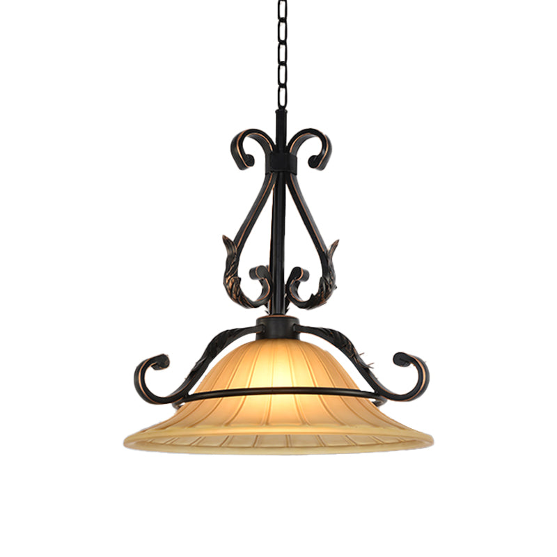 Rural Style Bell Pendulum Light Ribbed Glass LED Suspension Lighting in Bronze for Bedroom