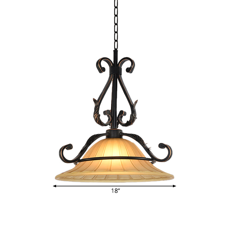 Rural Style Bell Pendulum Light Ribbed Glass LED Suspension Lighting in Bronze for Bedroom