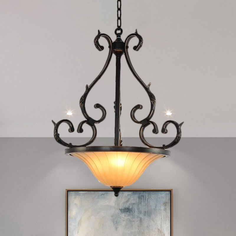 LED Inverted Bell Ceiling Lamp Traditional Bronze Fluted Glass Pendant Lighting Fixture