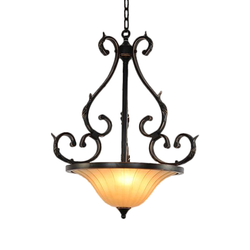 LED Inverted Bell Ceiling Lamp Traditional Bronze Fluted Glass Pendant Lighting Fixture