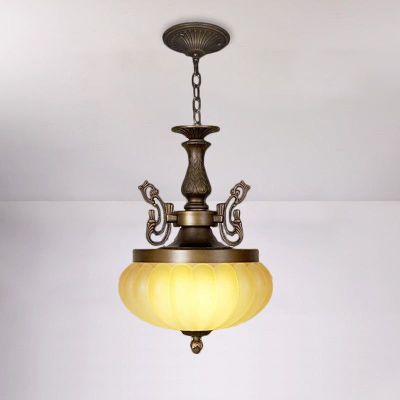 Ellipsoid Restaurant Hanging Light Vintage Ribbed Amber Glass LED Brown Down Lighting Pendant