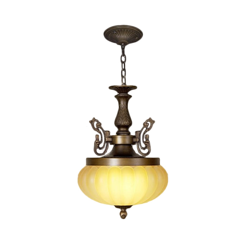 Ellipsoid Restaurant Hanging Light Vintage Ribbed Amber Glass LED Brown Down Lighting Pendant