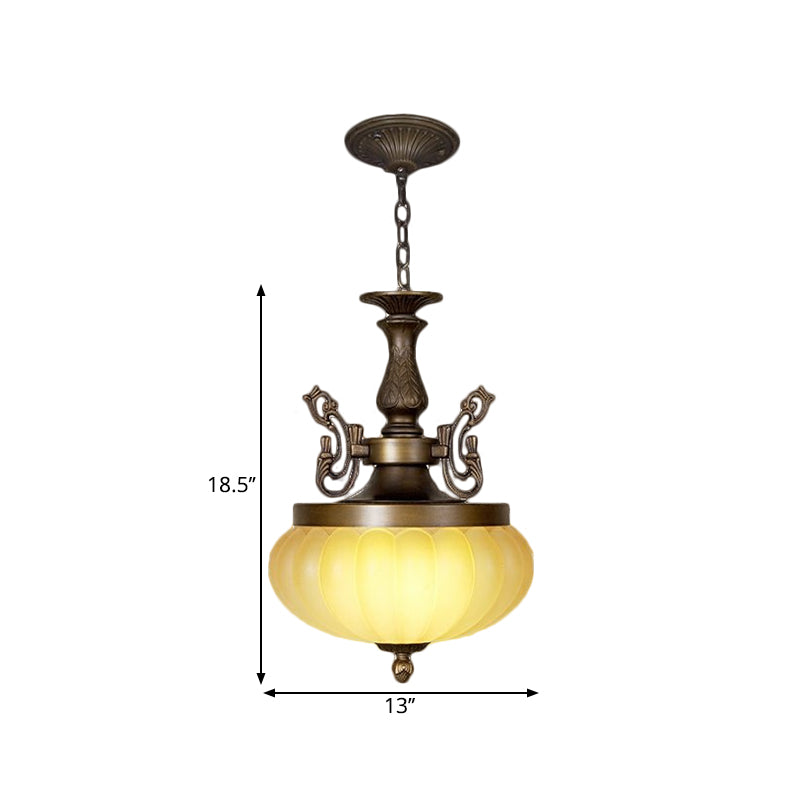 Ellipsoid Restaurant Hanging Light Vintage Ribbed Amber Glass LED Brown Down Lighting Pendant