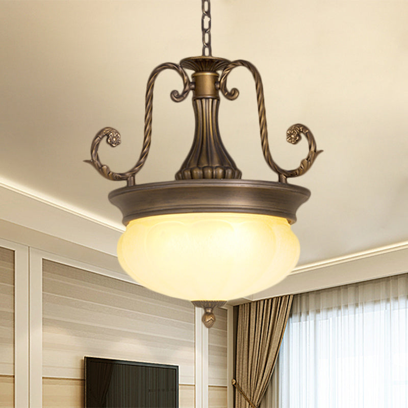 Opal Glass Domed Pendant Light Antiqued LED Corridor Hanging Lamp Kit with Scroll Arm in Brass