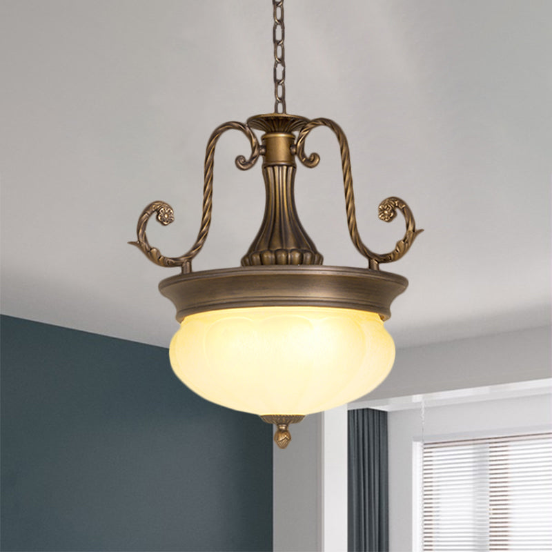 Opal Glass Domed Pendant Light Antiqued LED Corridor Hanging Lamp Kit with Scroll Arm in Brass