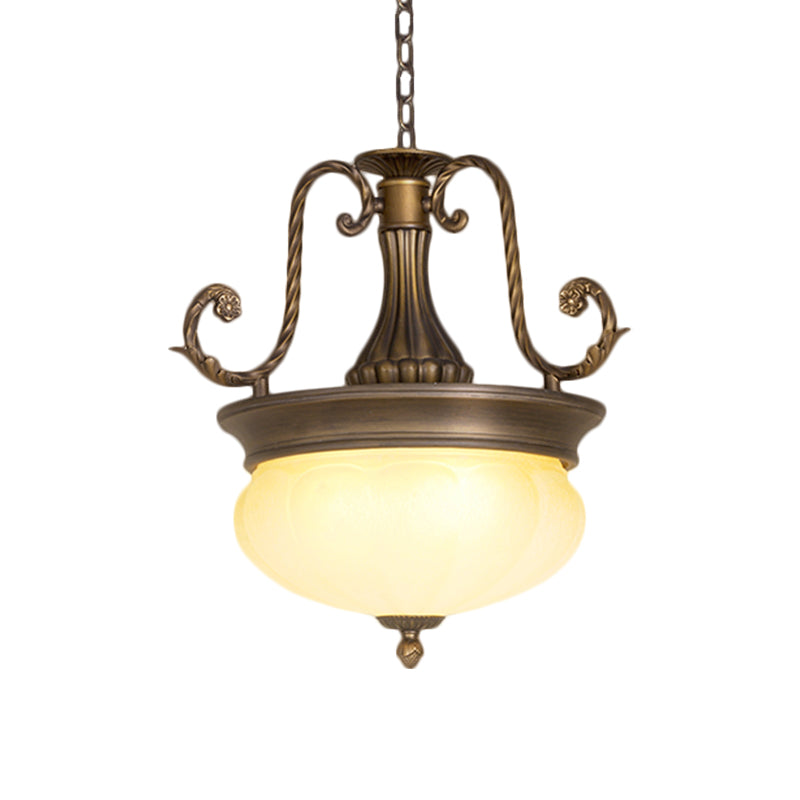 Opal Glass Domed Pendant Light Antiqued LED Corridor Hanging Lamp Kit with Scroll Arm in Brass