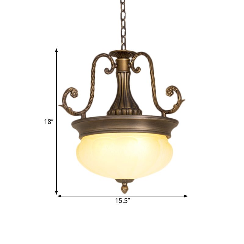 Opal Glass Domed Pendant Light Antiqued LED Corridor Hanging Lamp Kit with Scroll Arm in Brass