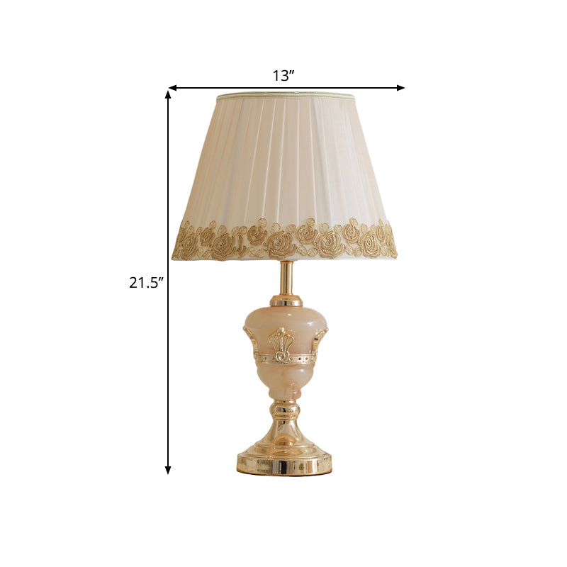 Country Style Conical Table Lamp Single Head Fabric Vase Desk Light with Flower Decor in White