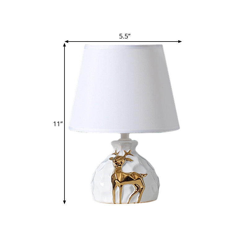 1-Bulb Tapered Desk Light Countryside White Fabric Night Table Lamp with Deer Vase Base, 11"/14"/15" Wide