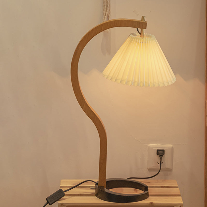 Retro Style Ribbed Conical Desk Lamp Single Light Fabric Night Table Lighting with Wood Curved Arm