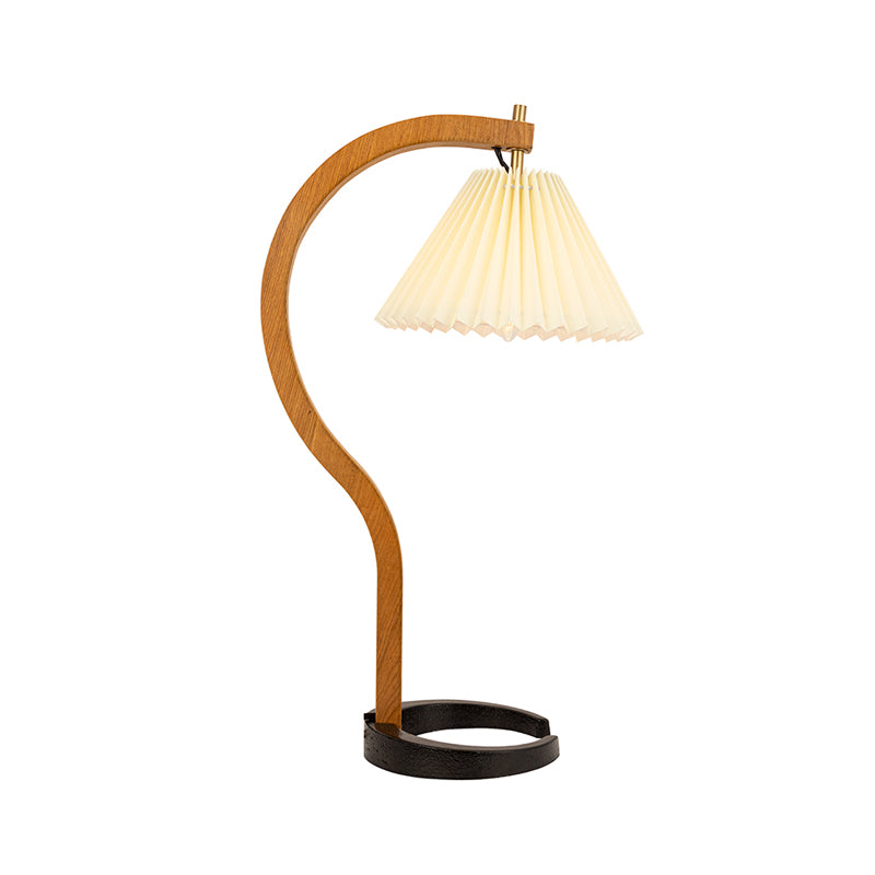 Retro Style Ribbed Conical Desk Lamp Single Light Fabric Night Table Lighting with Wood Curved Arm