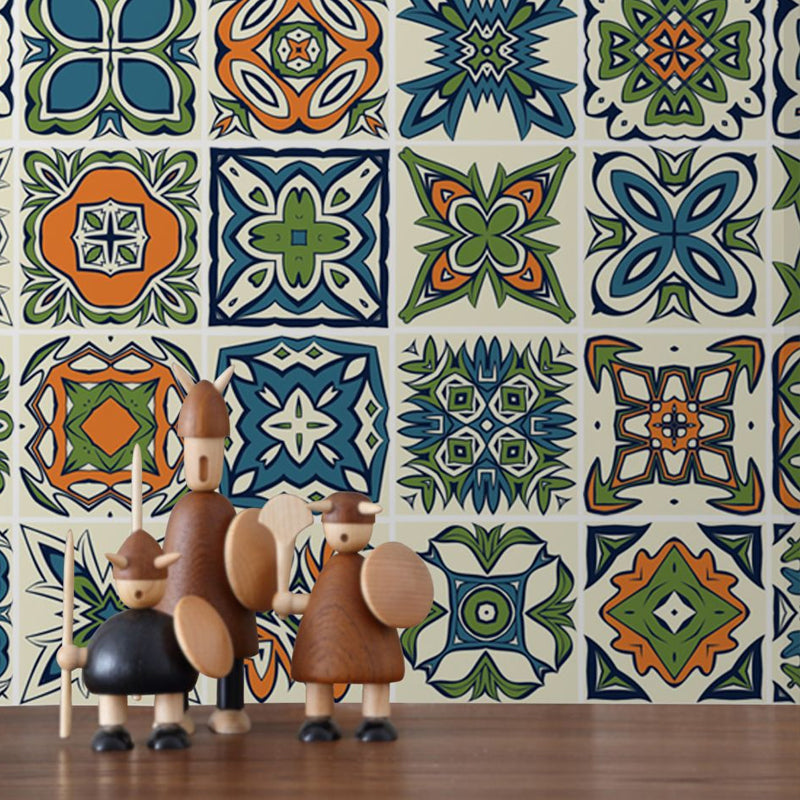 Orange-Blue Bohemia Wallpaper Panel 10.3-sq ft Tribal Pattern Wall Art for Kitchen, Peel and Stick