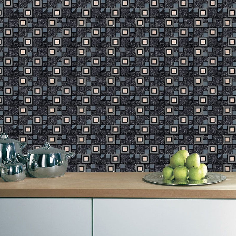 Black-Blue Squares Wallpaper Panel Peel and Paste Wall Covering for Bathroom (20 Pcs)