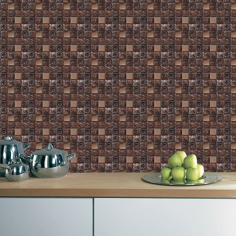 Faux Textured Tile Wallpaper Panels Red-Brown Modernist Adhesive Wall Covering for Washroom