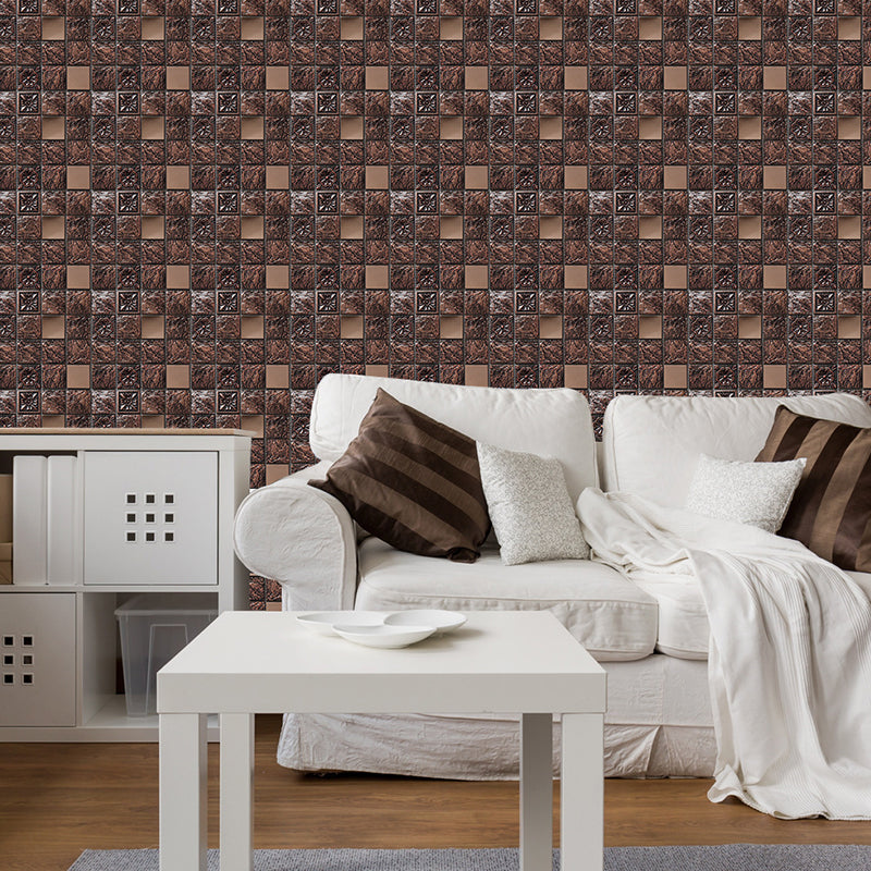 Faux Textured Tile Wallpaper Panels Red-Brown Modernist Adhesive Wall Covering for Washroom