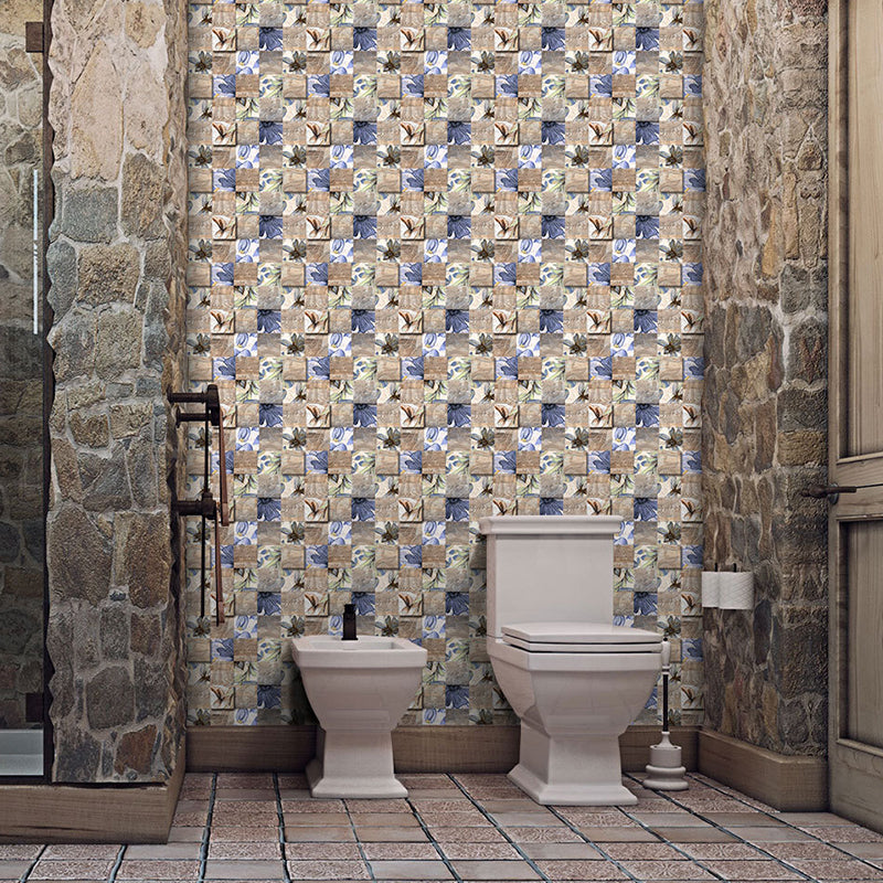 Flower Tile Wallpaper Panel Countryside PVC Adhesive Wall Covering in Blue-Brown for Bath