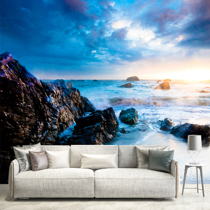 Sky Blue Tropical Mural Wallpaper Large Rock Beach Wall Covering for Living Room