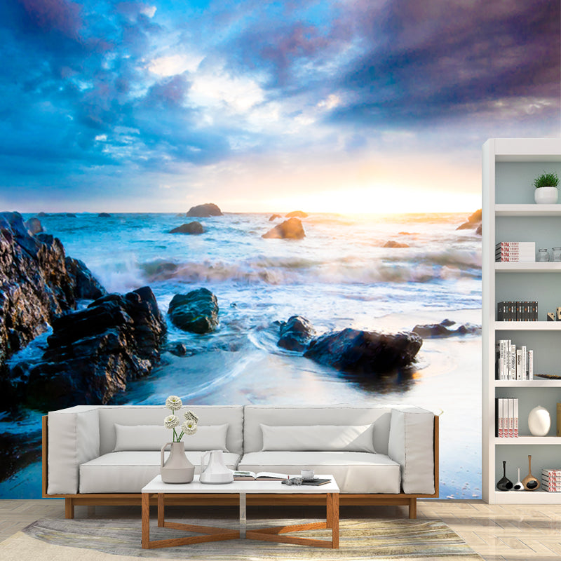 Sky Blue Tropical Mural Wallpaper Large Rock Beach Wall Covering for Living Room