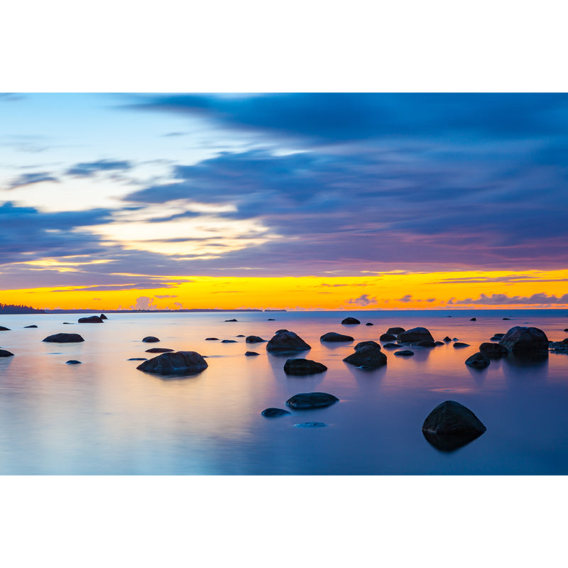 Custom Photo Print Tropical Mural with Sunset Rocky Beach Pattern in Blue-Yellow