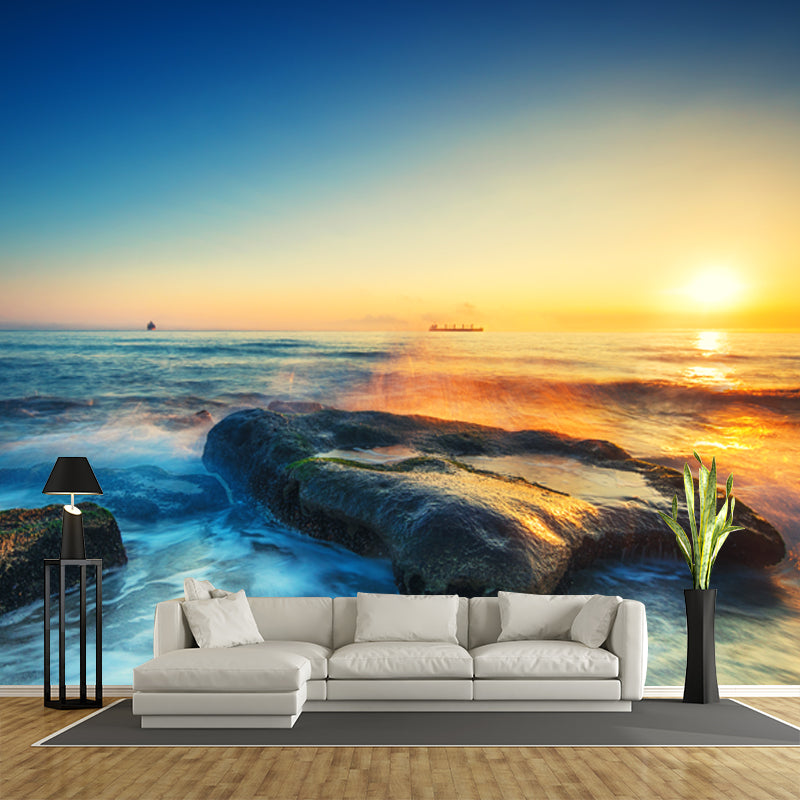 Tropix Sunset Seascape Wall Mural Blue-Yellow Ebb Tide Wall Decor for Living Room