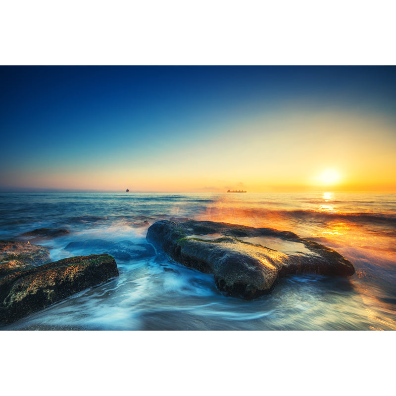 Tropix Sunset Seascape Wall Mural Blue-Yellow Ebb Tide Wall Decor for Living Room