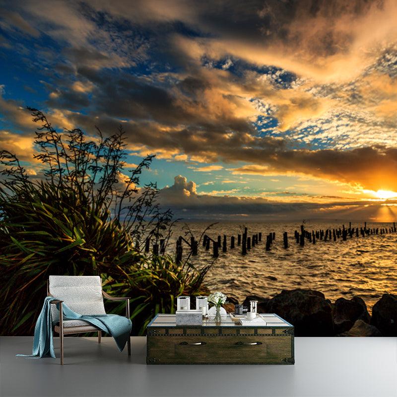 Yellow-Blue Contemporary Mural Huge Sunset Sea with Wood Breakwater Wall Covering for Home