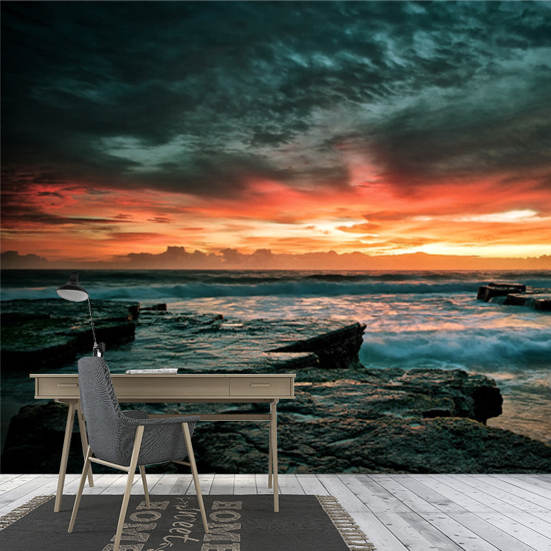 Nightfall Rocky Seashore Mural Modernist Non-Woven Wall Art in Yellow-Blue for Living Room