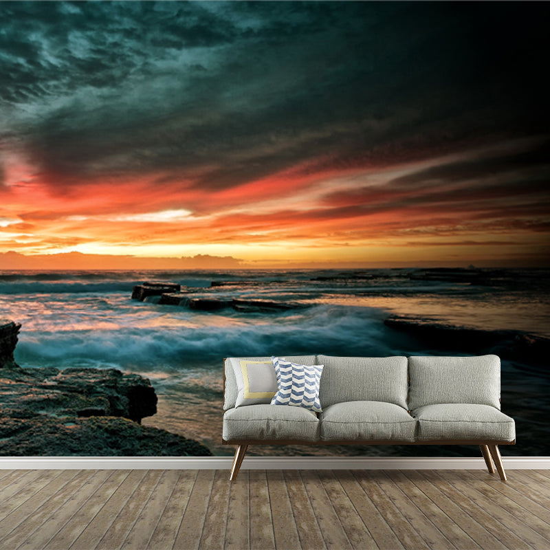 Nightfall Rocky Seashore Mural Modernist Non-Woven Wall Art in Yellow-Blue for Living Room