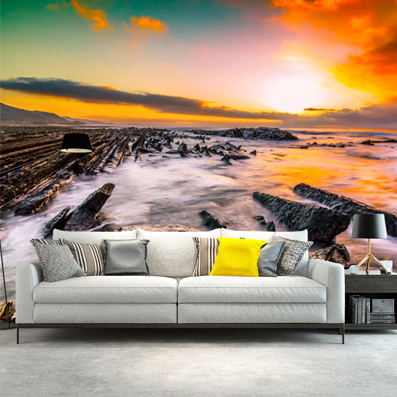 Rock Shore at Sunset Mural Tropical Smooth Wall Covering in Yellow-Green, Made to Measure