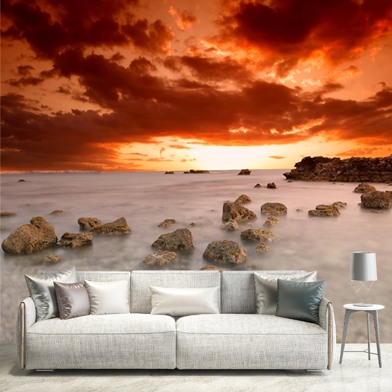 Huge Sea Shoal Stones Mural Indoor Sunset Landscape Wall Covering in White-Orange, Stain-Proof