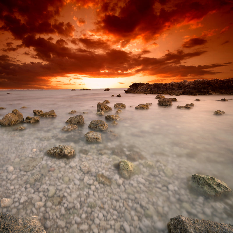 Huge Sea Shoal Stones Mural Indoor Sunset Landscape Wall Covering in White-Orange, Stain-Proof