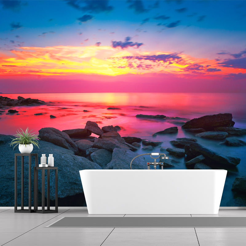 Big Tropical Wall Paper Mural Blue-Pink Coastal Rock with Evening Glow Wall Art, Custom-Made