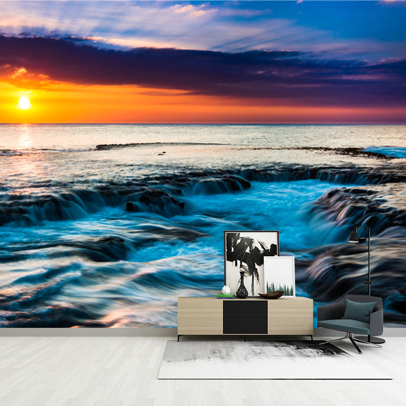 Enchanting Coastal Sunset Scenery Mural for Living Room, Yellow-Blue, Custom Size Available