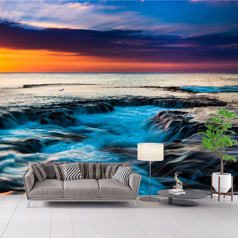 Enchanting Coastal Sunset Scenery Mural for Living Room, Yellow-Blue, Custom Size Available