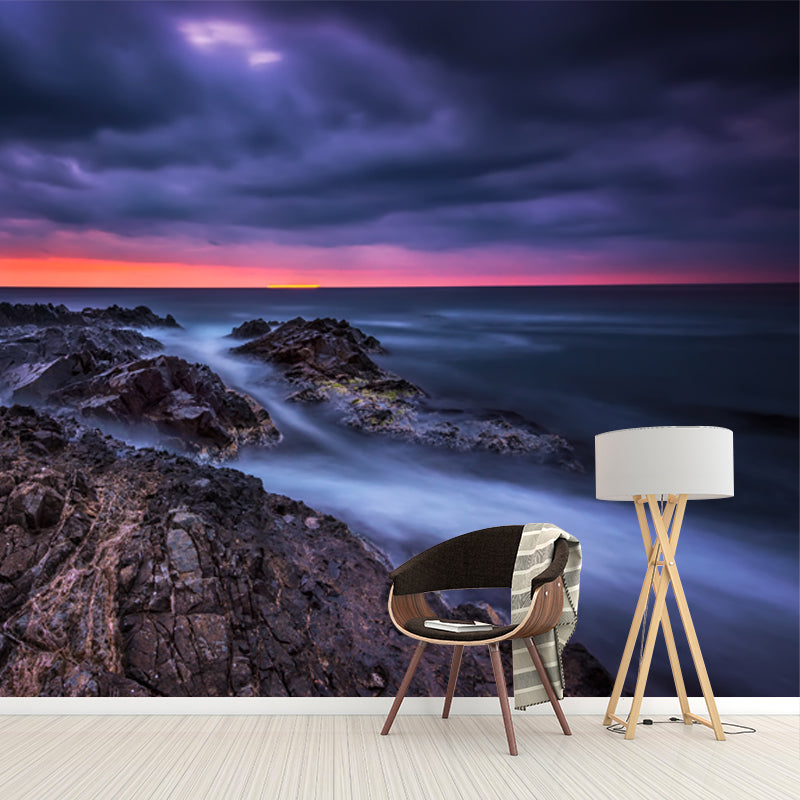 Tropics Sea Rock Sunset Mural Wallpaper Blue Washable Wall Decor for Living Room