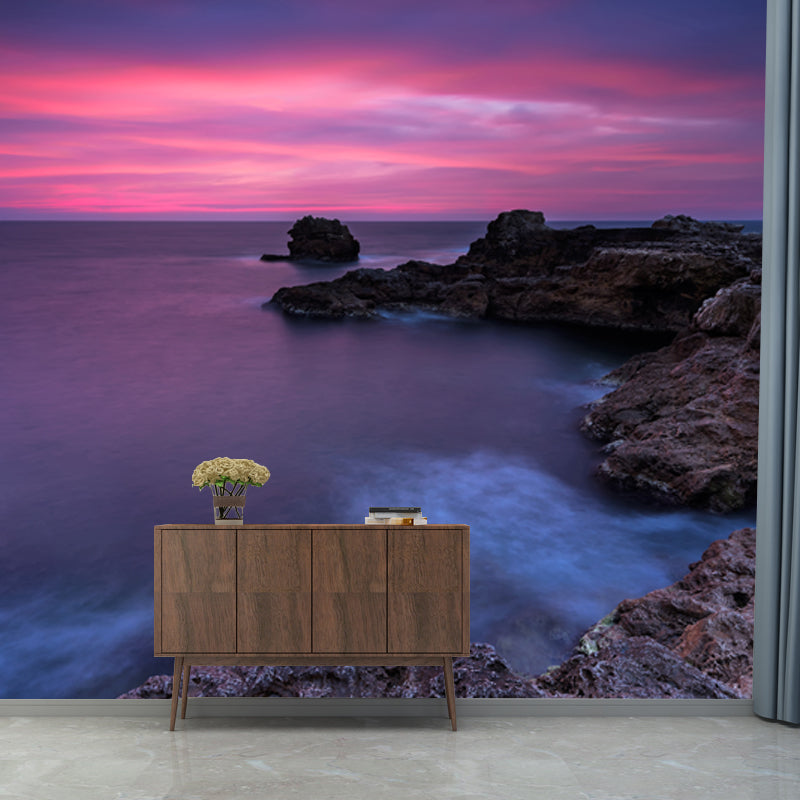 Purple-Blue Tropical Wall Mural Whole Sea with Rock Bay at Dusk Wall Art for Bedroom