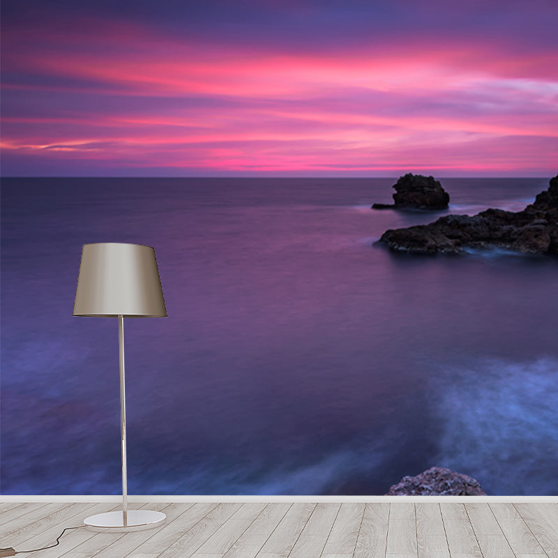 Purple-Blue Tropical Wall Mural Whole Sea with Rock Bay at Dusk Wall Art for Bedroom