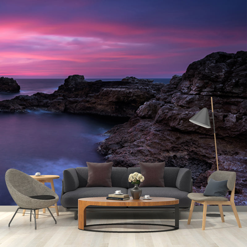 Purple-Blue Tropical Wall Mural Whole Sea with Rock Bay at Dusk Wall Art for Bedroom