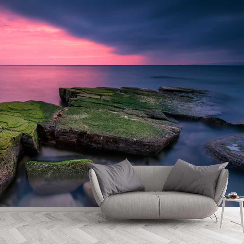 Pink-Blue Sunset Ocean Mural Decal Stone with Grass Modern Waterproof Wall Covering