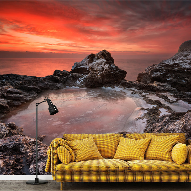 Puddle on Rock Sunset Mural Tropix Non-Woven Material Wall Covering in Orange for Home